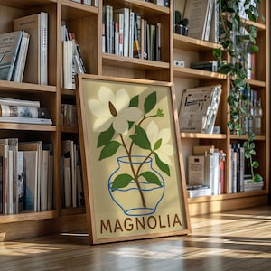 Magnolia Flower Wall Art – Minimalist Neutral Botanical Print with Text for Cottagecore or Modern Farmhouse Decor