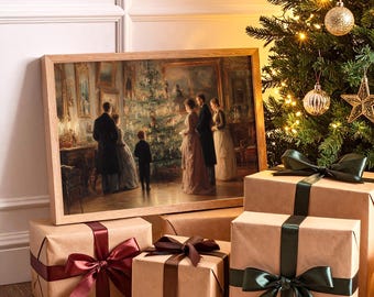 May include: A framed print of a historical Christmas scene is propped against wrapped gifts. The gifts are wrapped in brown paper and tied with burgundy, brown, and green satin ribbons. A decorated Christmas tree with lights and ornaments is in the background.