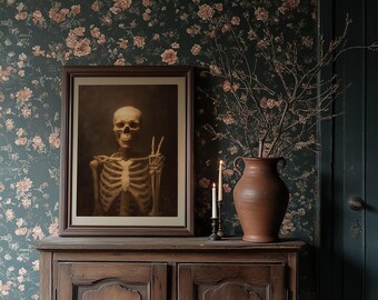 Lienzo decorativo de pared con el símbolo de la paz y esqueletos, decoración gótica de Halloween, póster divertido de esqueletos, lámina artística oscura y espeluznante para la oficina o la sala de estar