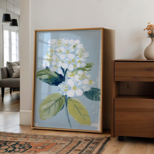 Witte hortensiatros op poederblauw canvas
