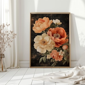 Peinture à l'huile vintage de pivoines corail et crème sur fond noir, oeuvre d'art murale romantique sur toile florale de style botanique antique