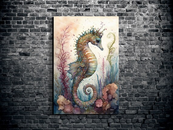 Water Color Seahorse Canvas Wall Art, Hangable Seahorse Art, Watercolor Canvas, Seahorse Artwork, Large Canvas Wall Art, KoolyArt