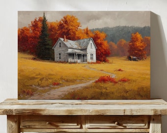 May include: A canvas print of a rural landscape featuring a white house with a porch, set against a backdrop of vibrant autumn foliage. The scene includes a dirt path leading to the house, with a field of golden grass and a cloudy sky.