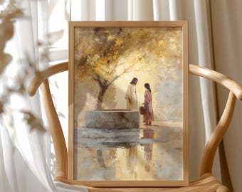 May include: A framed art print depicting a religious scene with two figures near a well under a tree. The artwork features warm tones, with reflections in the water. The frame is made of light-colored wood.