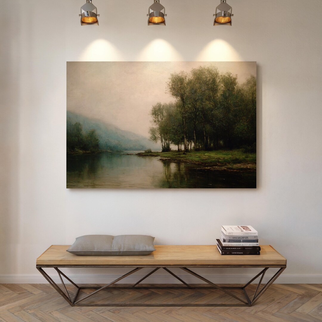 Foggy Forest River Landscape Canvas – Moody Misty Trees Reflected in ...