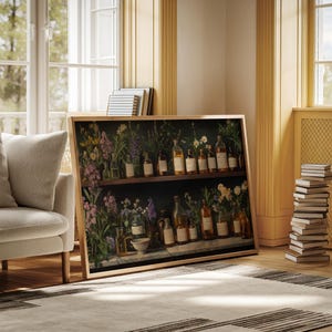 May include: A framed print depicting a vintage apothecary shelf with rows of glass bottles filled with liquids and herbs. The shelf is surrounded by lush greenery and flowers.