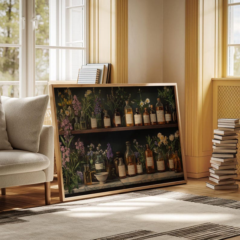 May include: A framed print depicting a vintage apothecary shelf with rows of glass bottles filled with liquids and herbs. The shelf is surrounded by lush greenery and flowers.