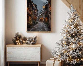 Calle nevada de un pueblo europeo con luces navideñas