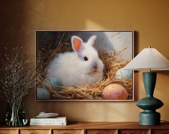 Osterhase Leinwand Kunst | Weißes Kaninchen im Stroh mit bunten Eiern | Charmante Frühlings-Tiermalerei für Feiertags-Hauptdekor