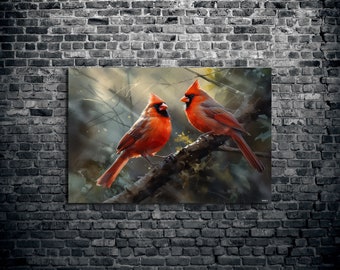 Two Cardinals Perched Up On A Branch Canvas Wall Art, Watercolor Style Birds home décor, Farmhouse 1.5" Gallery Style Canvas kooly, Koolyart