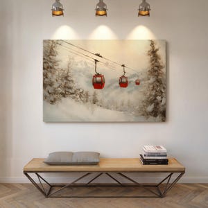 Ski Gondola Wall Art, Winter Mountain Canvas, Snowy Ski Resort Print, Alpine Cable Car Painting, Cozy Lodge Decor, Red Gondola Scene