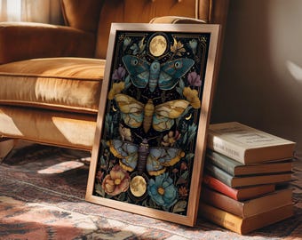 May include: A framed art print featuring three detailed moths with intricate wing patterns, set against a dark background with flowers, moons, and stars. The artwork is in a wooden frame, leaning against a stack of books.