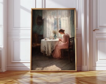ティーテーブルに座る女性のヴィンテージ油絵 – 太陽の光が差し込む窓