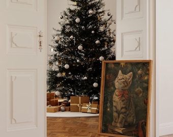 Christmas Kitten Canvas Wall Art, Holiday Cat with Red Bow Print, Festive Christmas Tree Décor, Cozy Winter Pet Lovers Gift Artwork