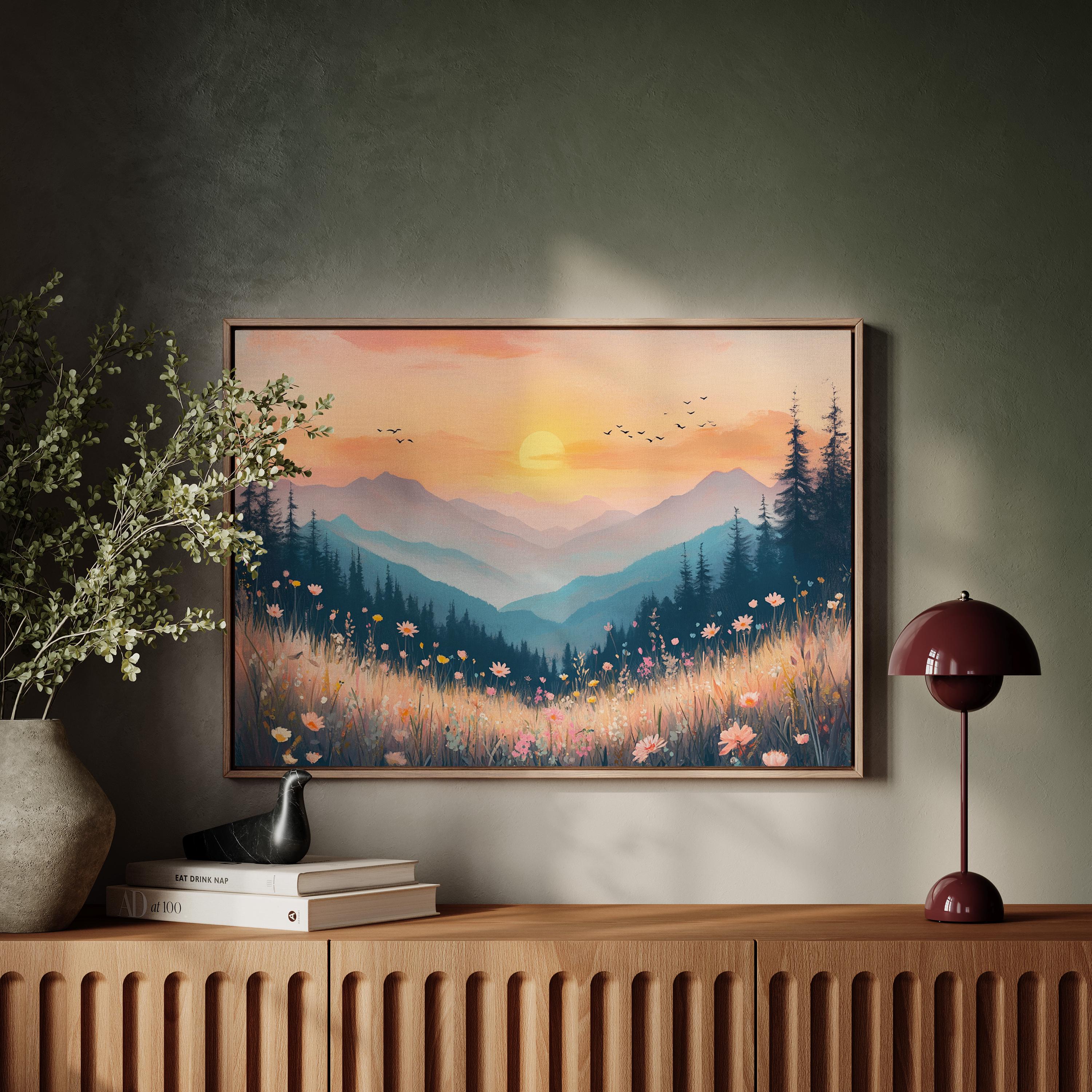 Golden Sunrise Over Serene Mountain Valley Canvas Wall Art - Peaceful ...