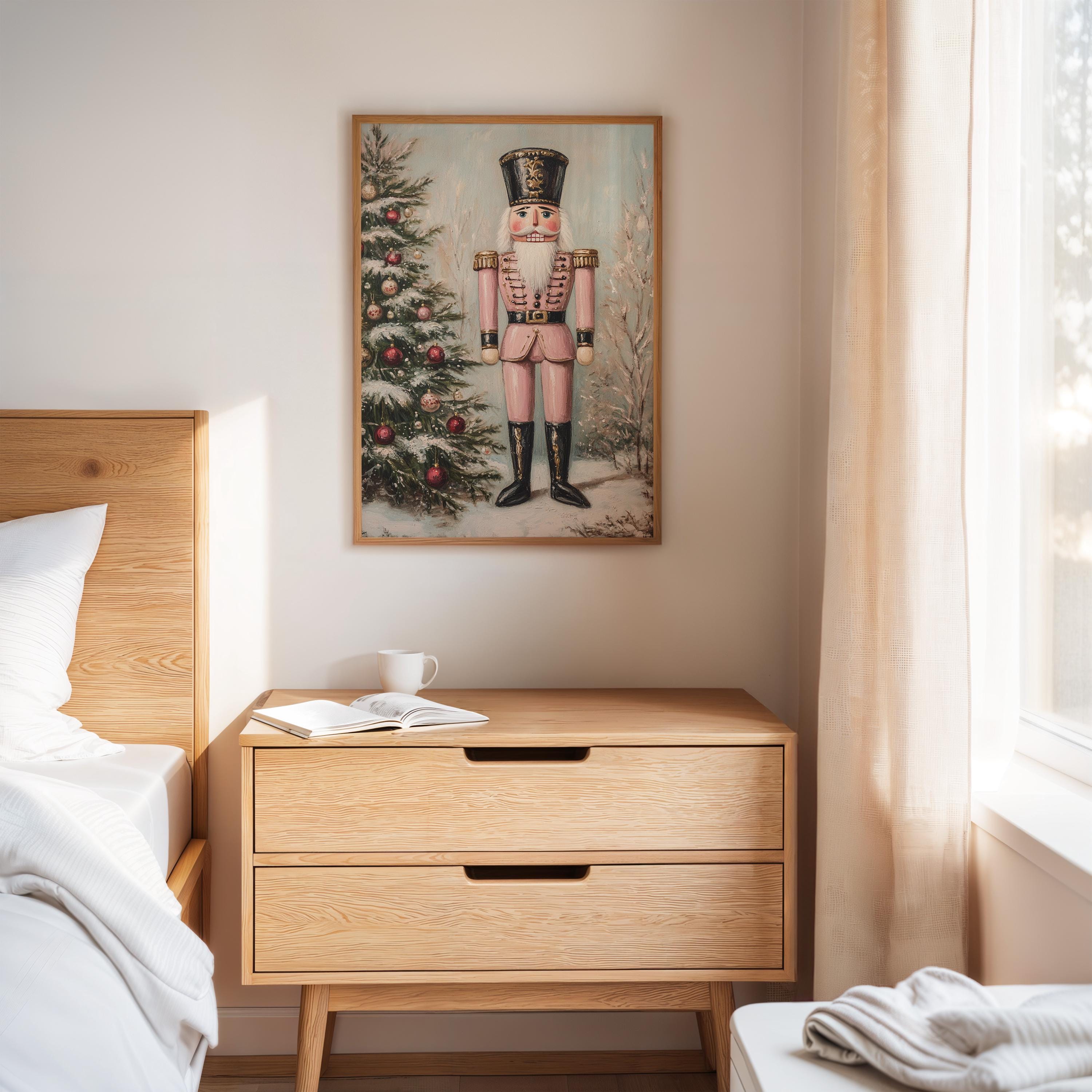 Pink Nutcracker Christmas Canvas Wall Art – Vintage Snowy Tree Holiday Decor for Cozy Winter Living Room