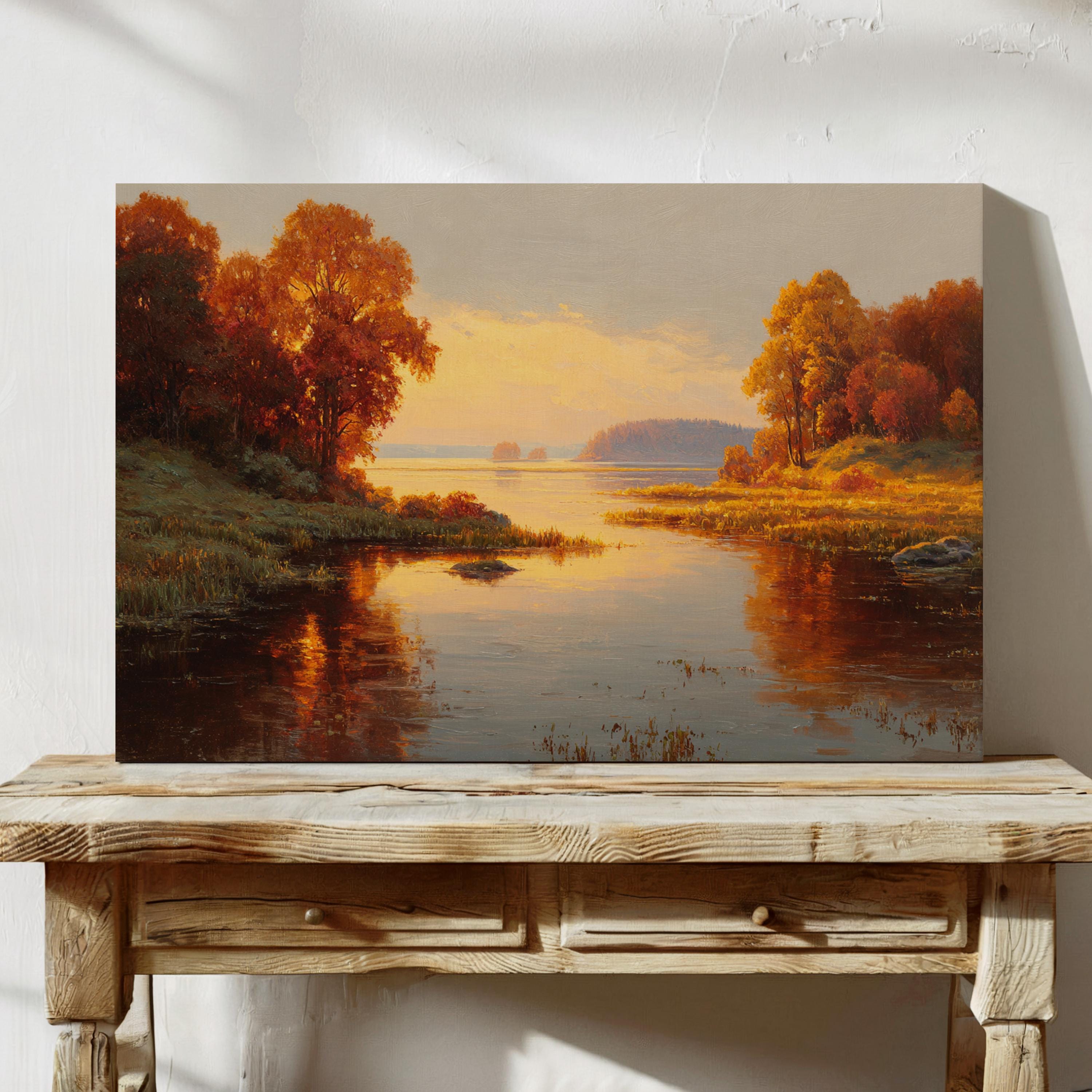 黄金の秋の夕日のキャンバスウォールアート、秋の紅葉の反射を伴う
