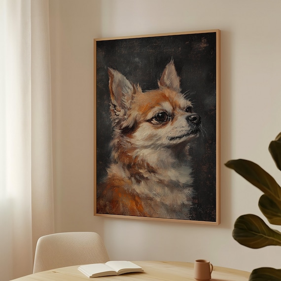 チワワ犬のキャンバスアート、ヴィンテージ油絵スタイル、エレガントな