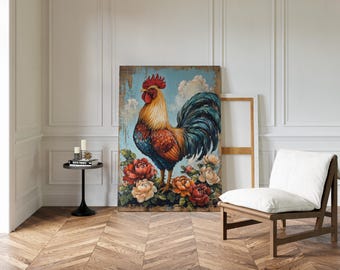 May include: A colorful rooster painting on a wooden panel, set against a blue sky background with white clouds. The rooster is surrounded by red, orange, and cream-colored flowers. The artwork is displayed in a room with a wooden floor and white walls.