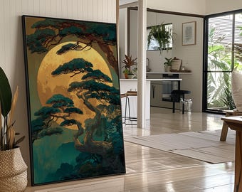 Golden Moon Pine Tree Canvas Art, Japanese Night Landscape Wall Decor, Tranquil Nature Scene for Zen or Modern Asian Interiors