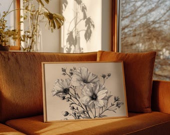 Delicate Wildflower Line Drawing on Vintage Paper