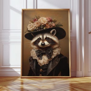 Victorian Raccoon in Floral Hat | Whimsical Animal Portrait Canvas Art | Dapper Raccoon with Bow Tie and Lace for Cottagecore Decor