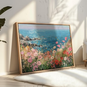 Coastal Wildflower Canvas Wall Art | Colorful Impressionist Seascape Painting with Poppies & Ocean View | Summer Beach Cottage Décor