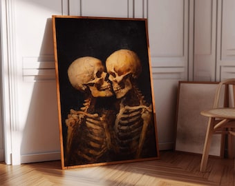 Arte de Amor Esqueleto | Impressão em Tela de Halloween com Romance Gótico para Decoração Romântica e Sombria e de Temporada