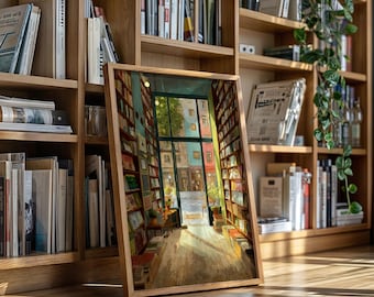 May include: A framed artwork depicting a bookstore interior with bookshelves lining both sides and a view of a street scene through a large window. The artwork is in a wooden frame and leans against a wooden bookshelf.