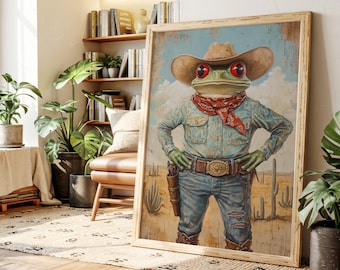 Cowboy Frog Wall Art, Funny Western Frog Poster, Whimsical Animal Canvas Print, Southwestern Amphibian Rustic Country Rodeo Home Decor