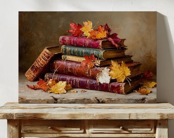 Antique Books with Autumn Leaves | Rustic Library Wall Art for Cozy Fall Decor