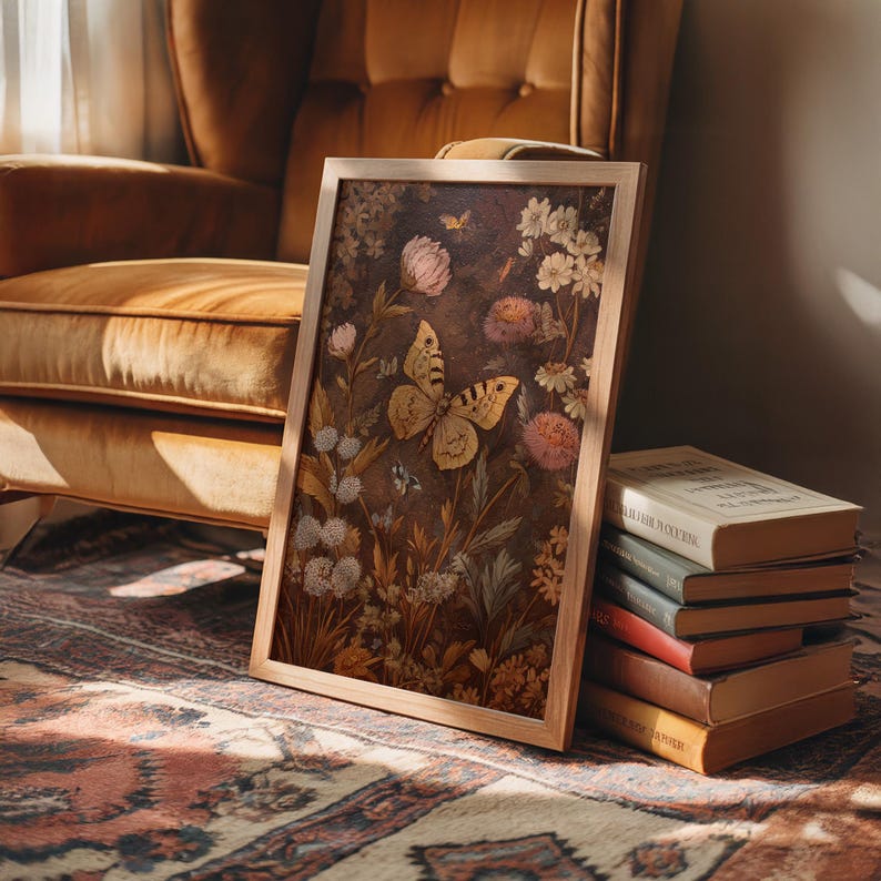 Vintage Botanical Butterfly Illustration – Rustic Brown Floral Wall Art ...