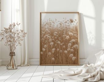 Neutrale canvas muurkunst konijnenstaartgras – Minimalistische gedroogde pampaweideprint voor boho of rustiek, op de natuur geïnspireerd decor