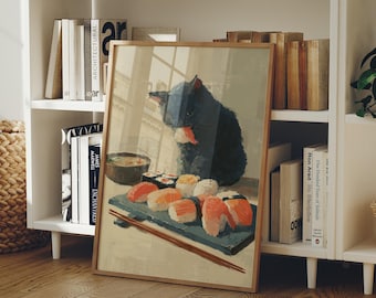 Pode incluir: Uma impressão artística emoldurada com um gato preto comendo sushi. A obra de arte mostra um gato com uma refeição de sushi, incluindo nigiri e rolos maki, em uma tábua de ardósia com pauzinhos. A impressão tem uma moldura de madeira.