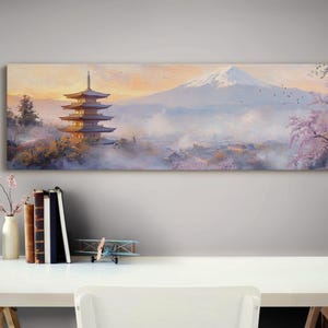 Japanese Pagoda & Mount Fuji Canvas Art, Cherry Blossom Wall Decor, Serene Zen Landscape, Traditional Asian Painting
