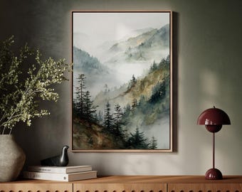 Misty Mountain Forest Watercolor Wall Art, Serene Landscape Canvas Print, Foggy Woodland Nature Painting for Rustic Cabin or Modern Decor