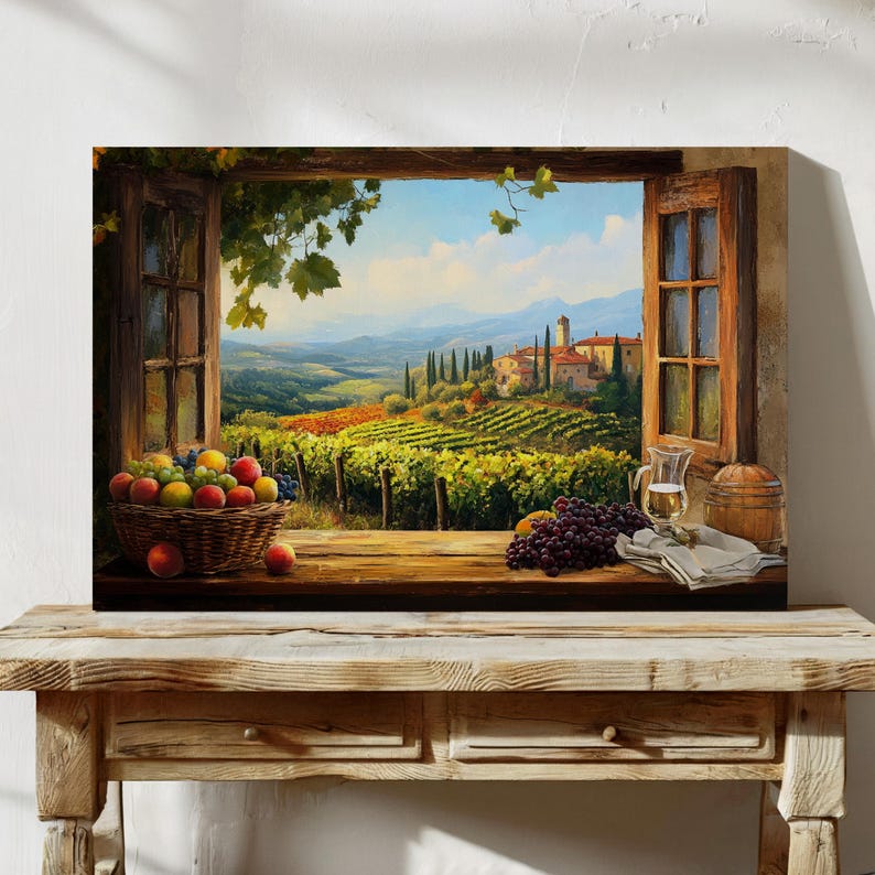 K&ouml;nnte beinhalten: Ein Gem&auml;lde, das ein Fenster mit Blick auf einen Weinberg und ein kleines Dorf in der Ferne zeigt. Im Vordergrund befinden sich Trauben und Fr&uuml;chte in einem Korb auf einem Holztisch.