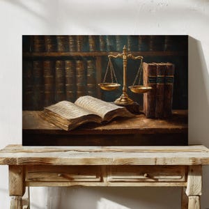 Scales of Justice Canvas Wall Art - Law Office Decor - Vintage Legal Books Painting - Lawyer Gift - Courtroom Artwork - Legal Print