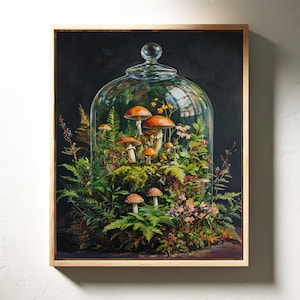 Mushroom Terrarium with Ferns and Flowers - Vintage Botanical Oil Painting Canvas for Rustic and Whimsical Wall Decor