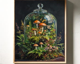 May include: A glass cloche with a wooden base encloses a miniature forest scene.  Inside, a cluster of orange and white mushrooms grow amongst green ferns and moss.