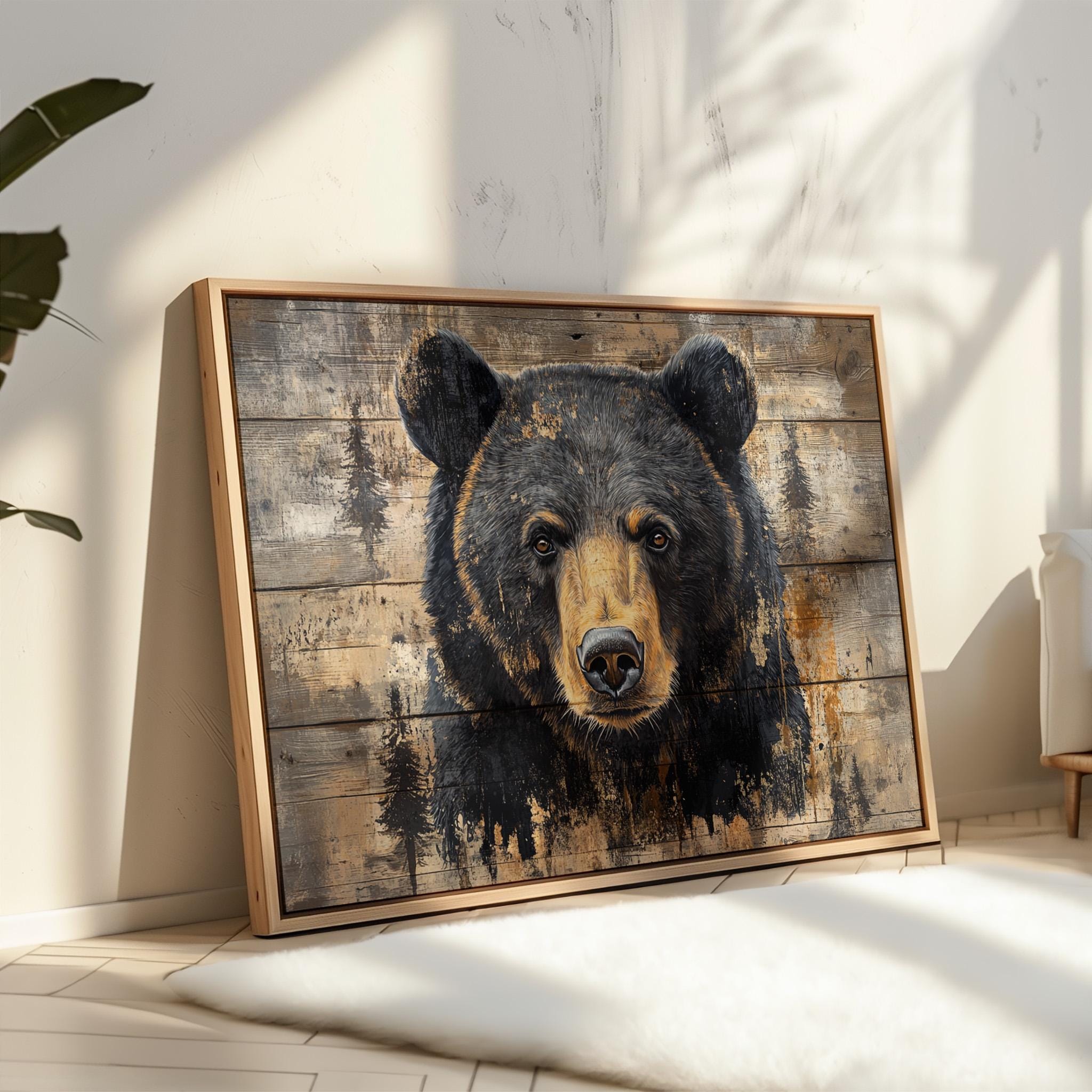 Rustic Black Bear Wall Art on Wood | Wildlife Cabin Decor