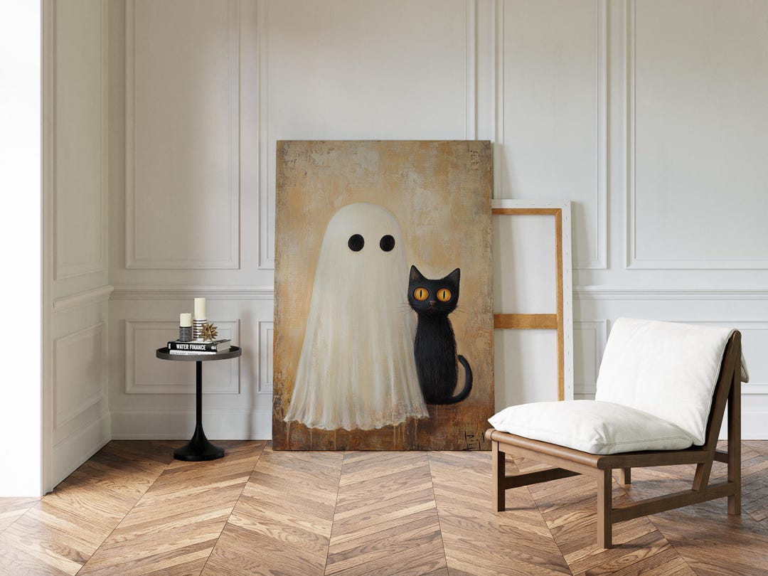 Cute Ghost and Black Cat Canvas Wall Art, Halloween Minimalist Decor ...
