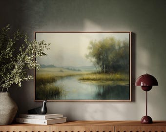 Tranquil Landscape – Serene River and Trees in Soft Light, Peaceful Nature Canvas Art