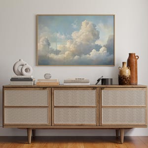 Himmlische Wolkengebilde Leinwand | Blauer Himmel und verträumte weiße Wolken im Ölgemälde-Stil | Friedliche christlich inspirierte Dekoration