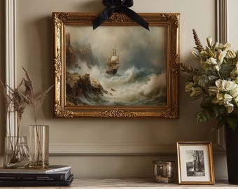 Stormy Sea Painting With Ship Near Rocky Cliffs