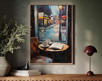 Lienzo con escena de ventana de café en la ciudad lluviosa: arte acogedor con café y libros abiertos, luces de calle urbanas y reflejos, decoración de pared atmosférica