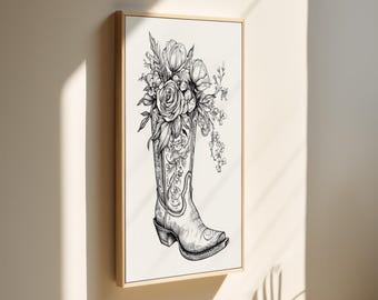 Floral Cowboy Boot Canvas Art, Vintage Western Wall Decor, Rustic Farmhouse Print, Boho Country Style, Black and White Art