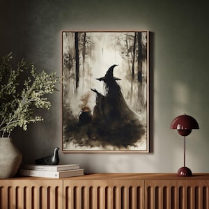 Witch in the Woods Watercolor Canvas – Spooky Halloween Decor, Witchcraft Art with Cauldron and Forest Silhouette