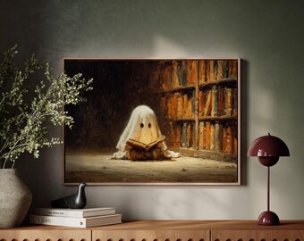 Fantasma leyendo en la biblioteca / Arte mural de Halloween espeluznante y caprichoso