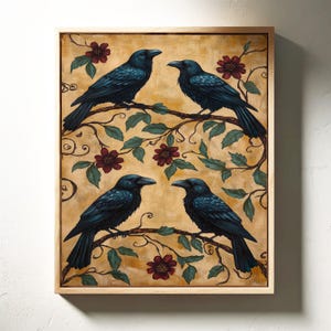 Four Ravens on Branches Canvas Art – Vintage Gothic Wall Decor – Floral and Bird Illustration for Unique Home Style